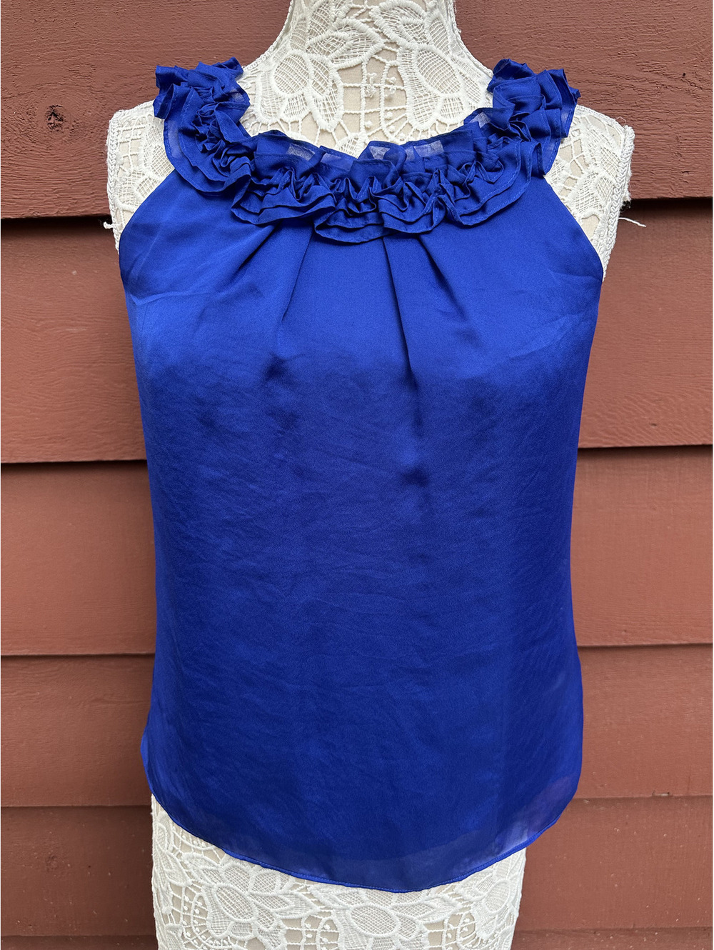 The Limited Royal Blue Satin Sleeveless Top with Ruffled Neckline